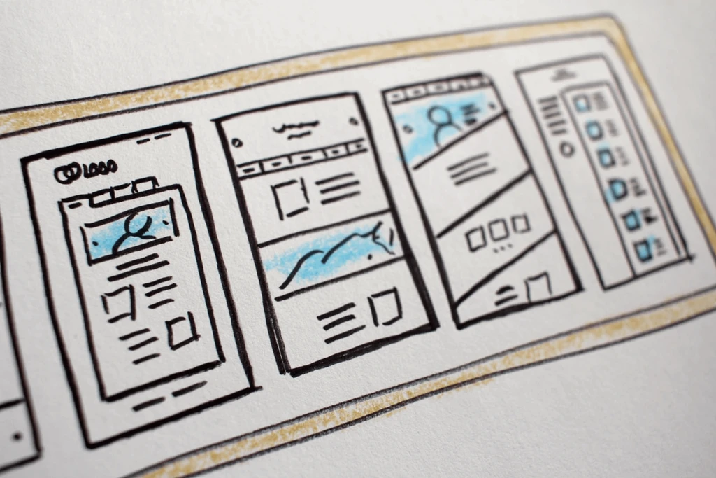 Hand-drawn wireframes with colour-coded notes.