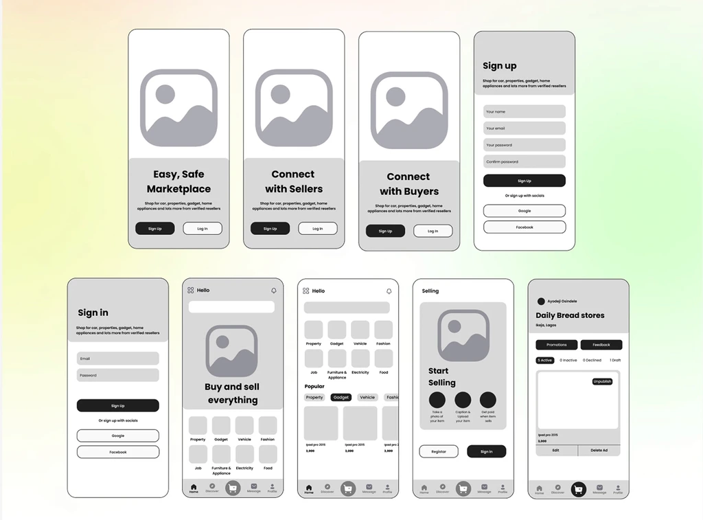 Digital wireframes: onboarding, sign-in, browse and sell.