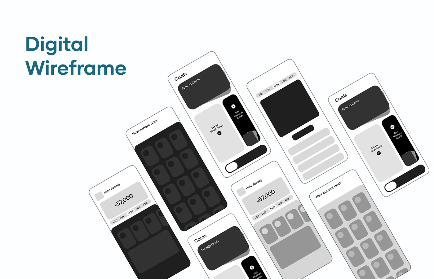 Digital wireframes for the money-transfer flows: cards, balances and a new-account flow.
